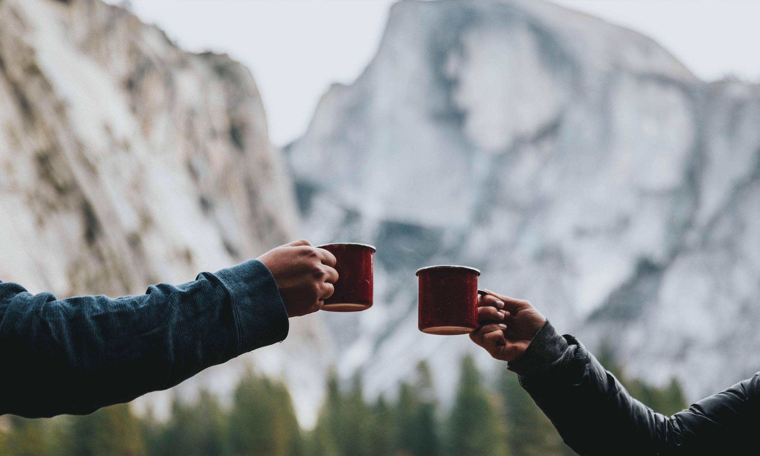 Image of two hands holding coffee mugs in front of a mountain range.